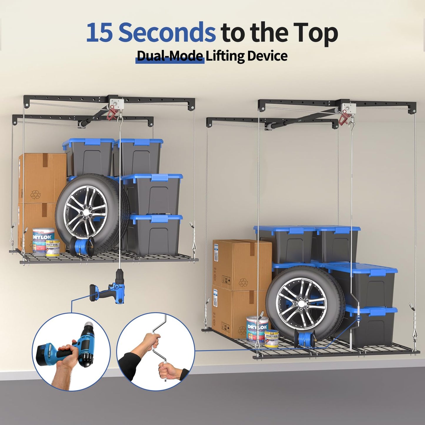 KOKORACKER Overhead Garage Storage Lift, Adjustable Heavy-duty 4x4 Ft Ceiling Racks with Safety Lock, Ideal for Storage Lifting Organization System, 250lbs Capacity