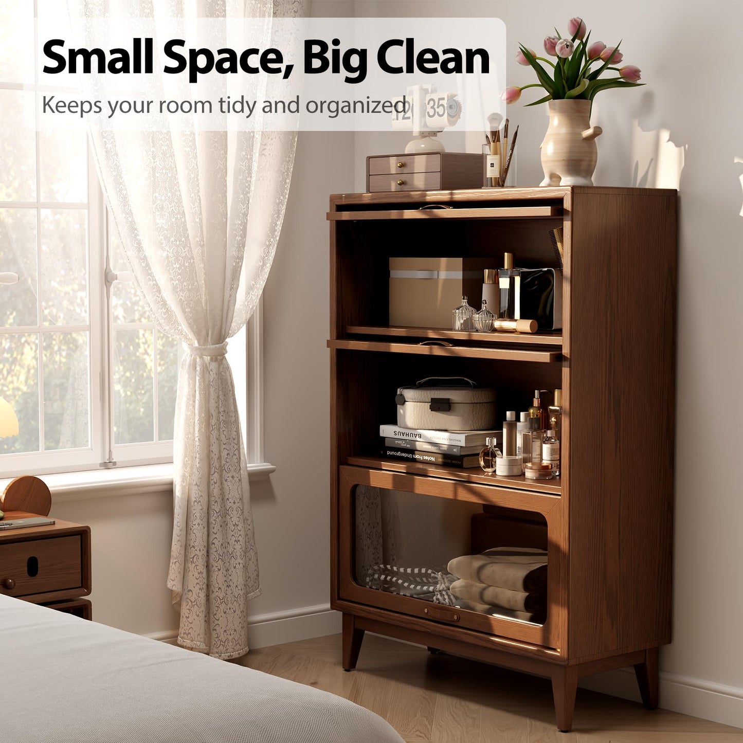AQIMUELE Solid Wood Storage Cabinet with Glass Doors, 3 Shelf Small Storage Cabinet, Mid Century Modern Bookcase, Kitchen Pantry Cabinet (Walnut-Clear Glass, 31.5" W)