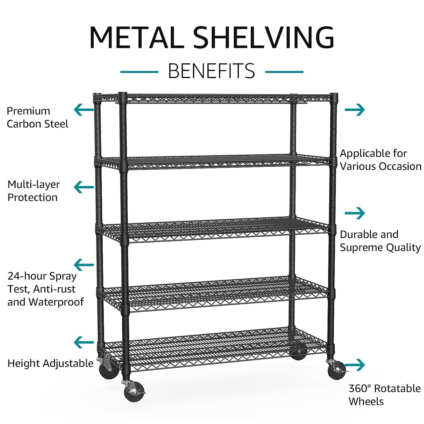 IZEUK Garage Shelving Wide Storage Shelves 5 Tier Metal Shelves 4000 LBS Heavy Duty Adjustable Utility Shelf Rack Black 23.6" D x 53.1" W x 73.6" H