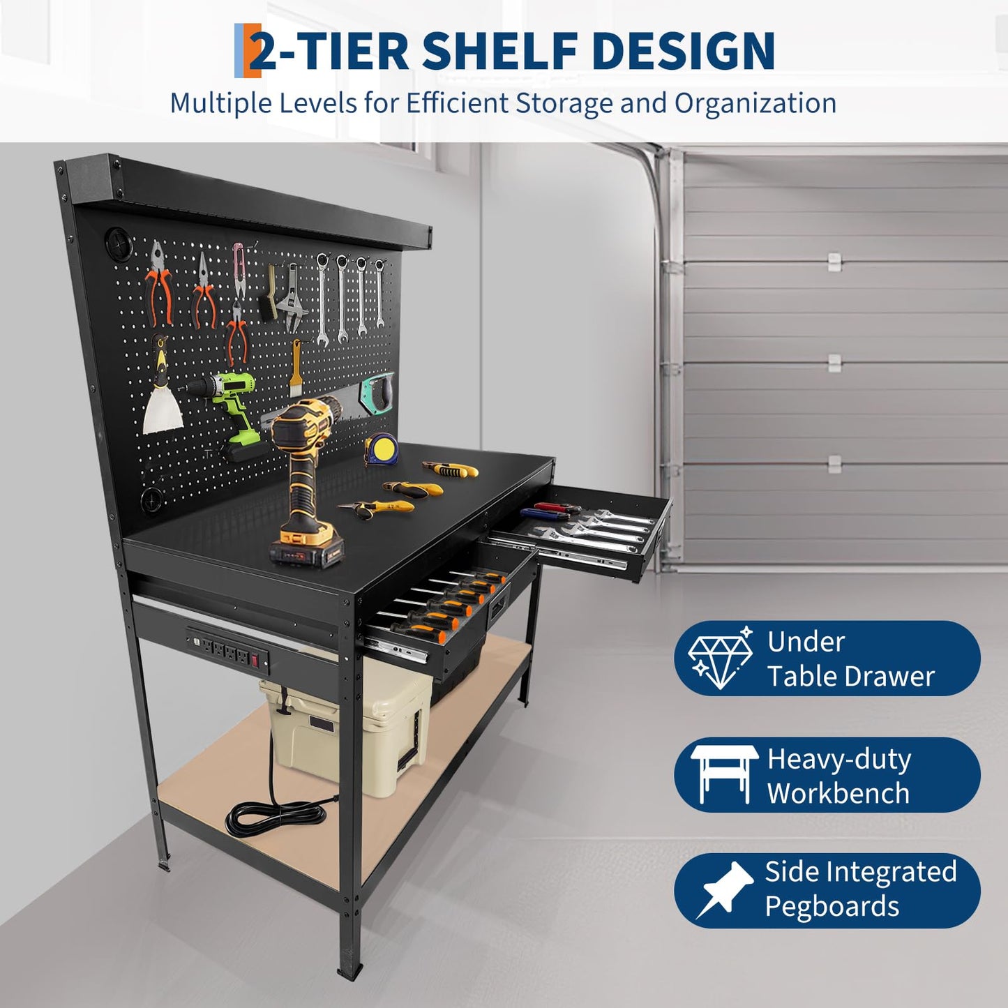 Heavy Duty 2-Tier Garage Workbench 48.99" x 22.99" with 2 Drawers, Pegboard, Power Outlet, Storage Shelf, Metal Tool Station, 332 lbs Capacity, Multifunctional Work Table for Workshop, Black