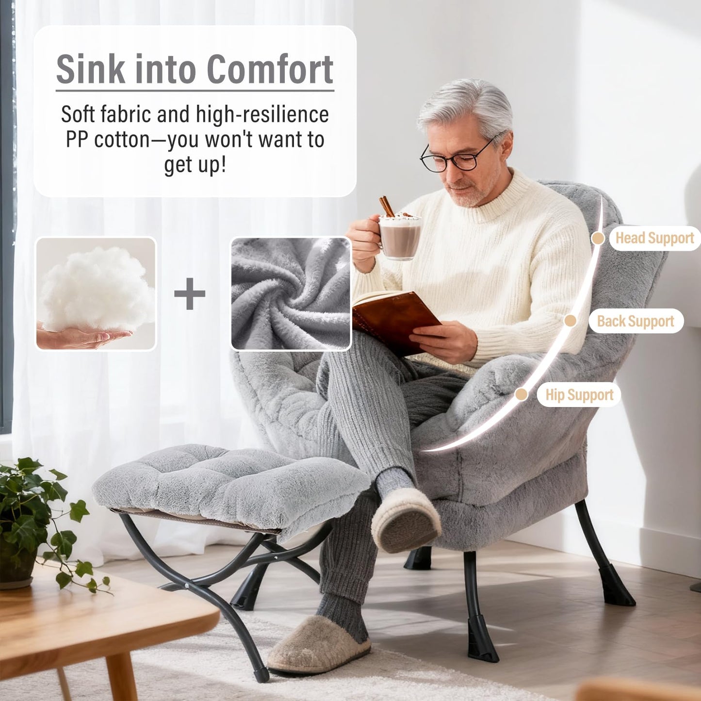 Furlide Lazy Chair with Ottoman, Modern Accent Chair with Armrests and a Side Pocket, Plush Grey Accent Chairs, Reading Chairs, Oversized Armchairs for Bedroom, Study, Living Room, Courtyard