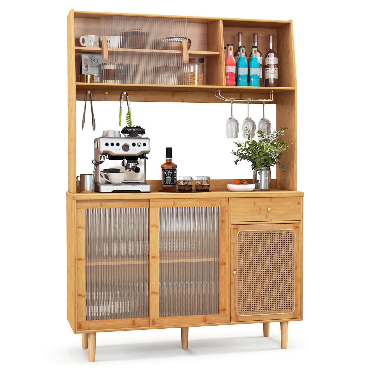 Giantex Pantry Cabinet, 69" Bamboo Hutch Cabinet with Storage, Drawer, Microwave Countertop, Glass Holder, Freestanding Buffet Sideboard with Rattan Door, Tall Cupboard for Kitchen Coffee Bar