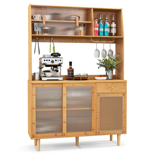 Giantex Pantry Cabinet, 69" Bamboo Hutch Cabinet with Storage, Drawer, Microwave Countertop, Glass Holder, Freestanding Buffet Sideboard with Rattan Door, Tall Cupboard for Kitchen Coffee Bar