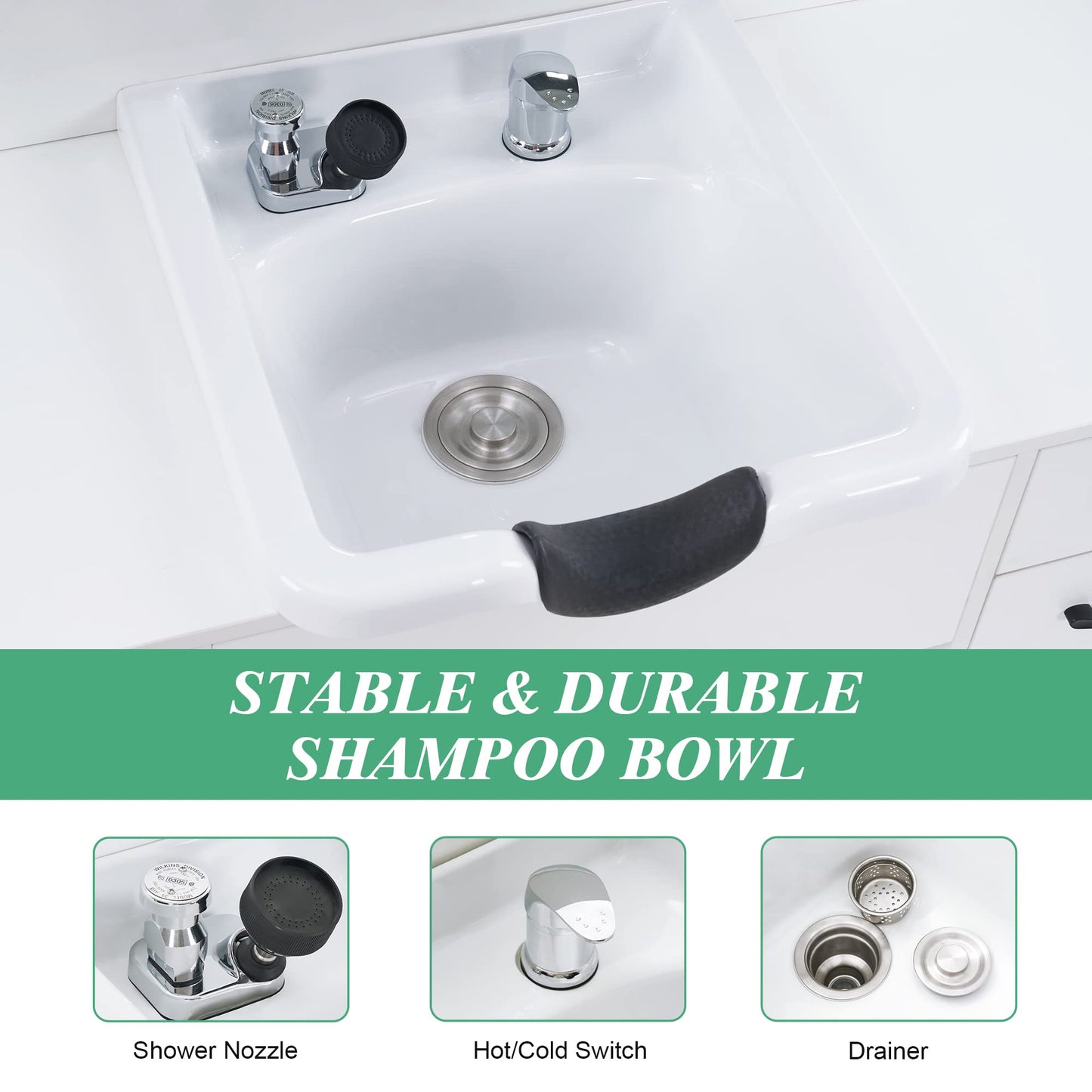 BarberPub Multi-Functional Shampoo Backwash Sink Station with Shampoo Bowl for Hair Stylist, Salon Spa Beauty Cabinet with Faucet Sprayer, Barber Storage Equipment 7139 (White)