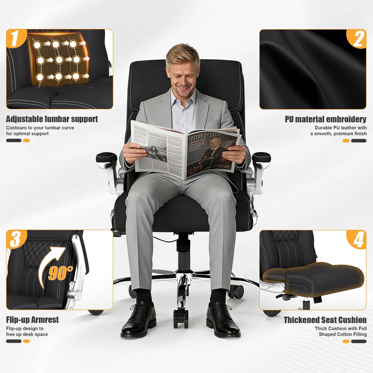 Ergonomic Leather Office Chair with Adjustable Lumbar Support, Flip-Up Armrests Desk Computer Chair, Swivel PC Chair with Rocking Function