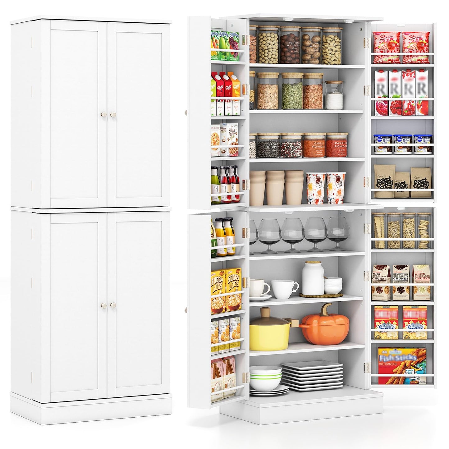 Giantex Kitchen Pantry Cabinet, 65.5" Tall Kitchen Hutch w/8-Tier Storage Cabinet, 16-Tier Door Shelves & Adjustable Shelves, 4-Door Freestanding Buffet Sideboard for Dining Room, Living Room, White