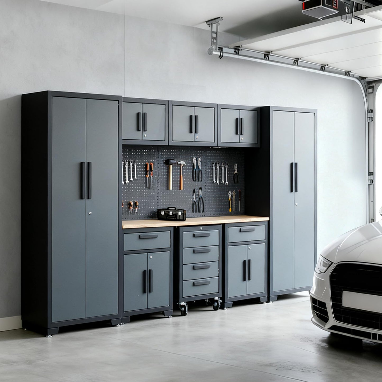 Tsnritor Garage Storage Cabinet System, 9PCS Tool Chest Workbench Storage System in Black, Included Steel Cabinets Drawers Rolling Chest and Pegboard,Locked Garage Storage Cabinet,Grey Handle