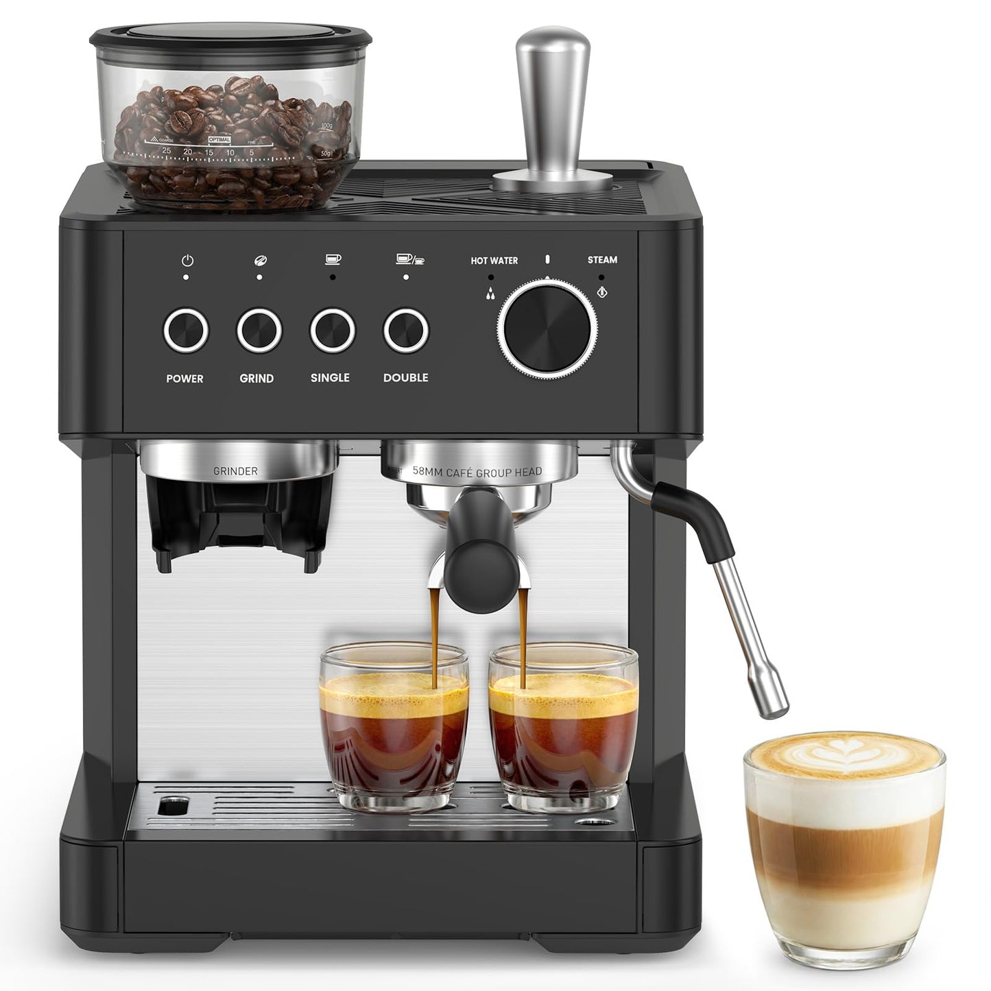 Kismile 20-Bar Espresso Machine with Grinder, Expresso Coffee Machines Coffee Maker with Grinder, Milk Frother/Steam Wand & Tamping Tools for Cappuccino & Latte