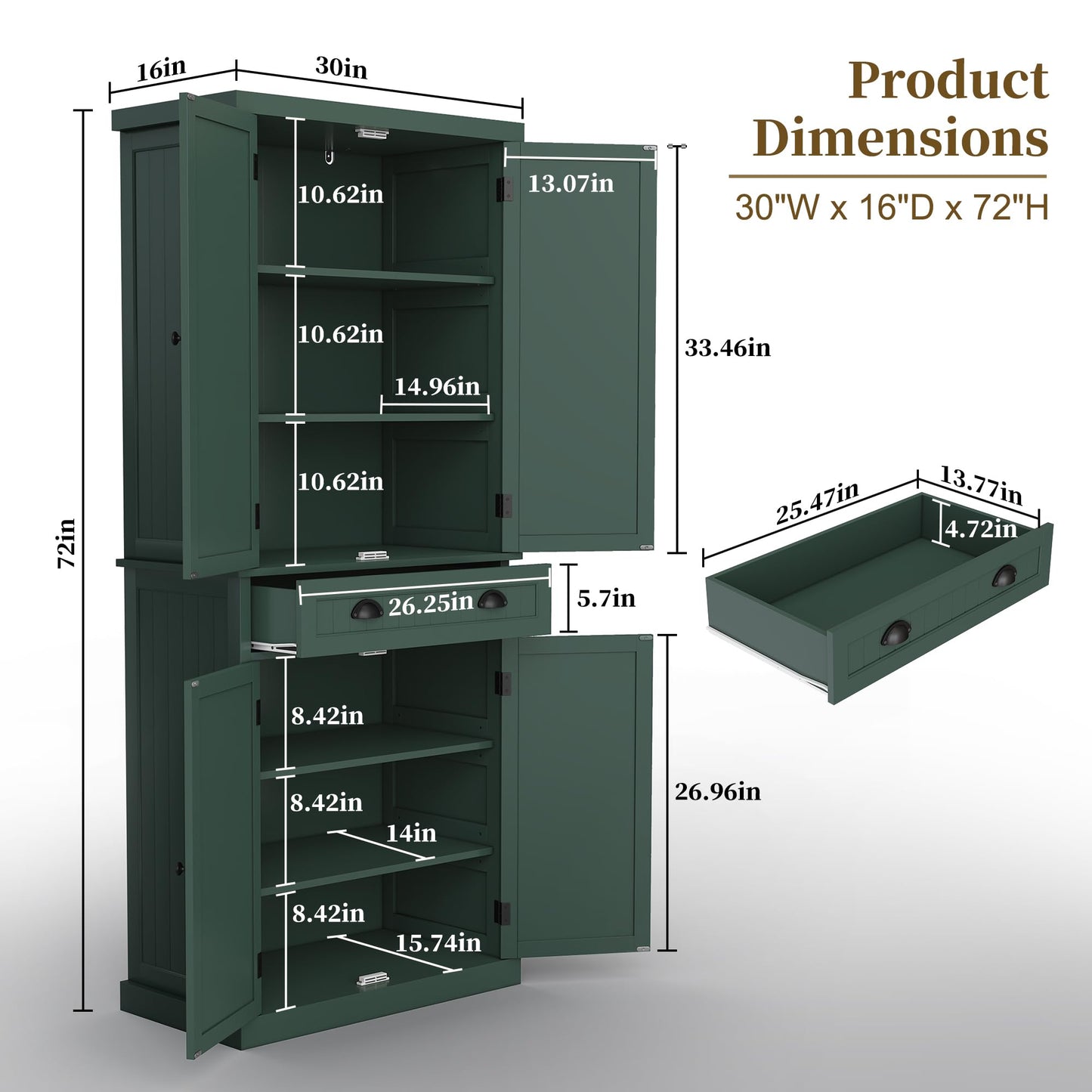 ARTPOWER 72" Tall Kitchen Pantry Storage Cabinet with Drawer and Adjustable Shelves, Pantry Cabinet for Kitchen, Bathroom or Hallway, Green