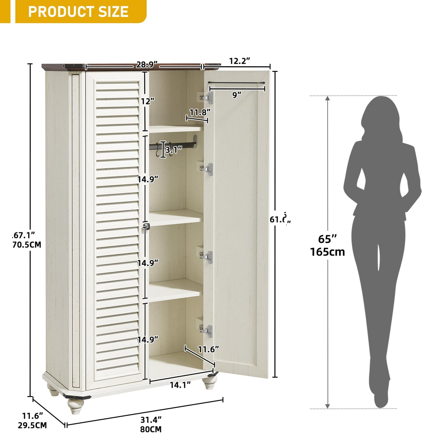 DWVO 4-Tier Storage Cabinet with 2 Shutter Doors, Farmhouse Kitchen Pantry Cabinet with Adjustable Shelves, Wooden Cabinet for Kitchen, Dining Room, Living Room, Office, Rustic White
