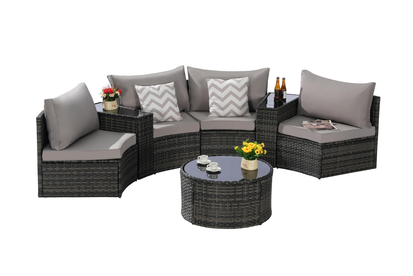 KEIKI 7-Piece Half-Moon Outdoor Patio Furniture Set, Rattan Patio Conversation Set with Coffee Table & 2 Sofa Side Table & 4 Curved Armless Sofa, Wicker Curved Sectional Sofa Set, for Backyard, Gray