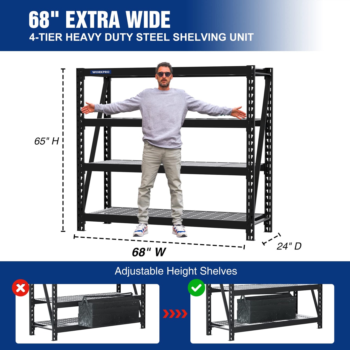 WORKPRO Heavy Duty Metal Garage Shelving, 68"W x 24"D x 65"H, 7200 LBS Load