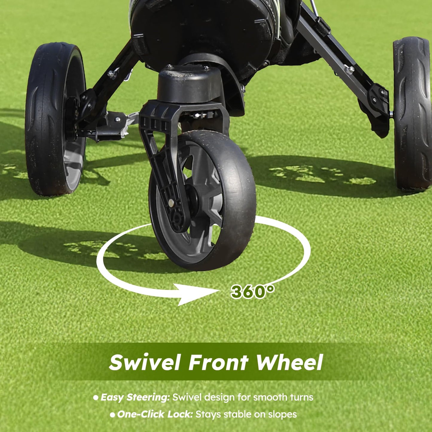 Tedycatt 360 Golf Push Cart: Lightweight Folding Swivel 3 Wheels Golf Caddy with Foot Brake, Cooler Bag, Drink& Umbrella Holder, Black Frame Gray Wheels