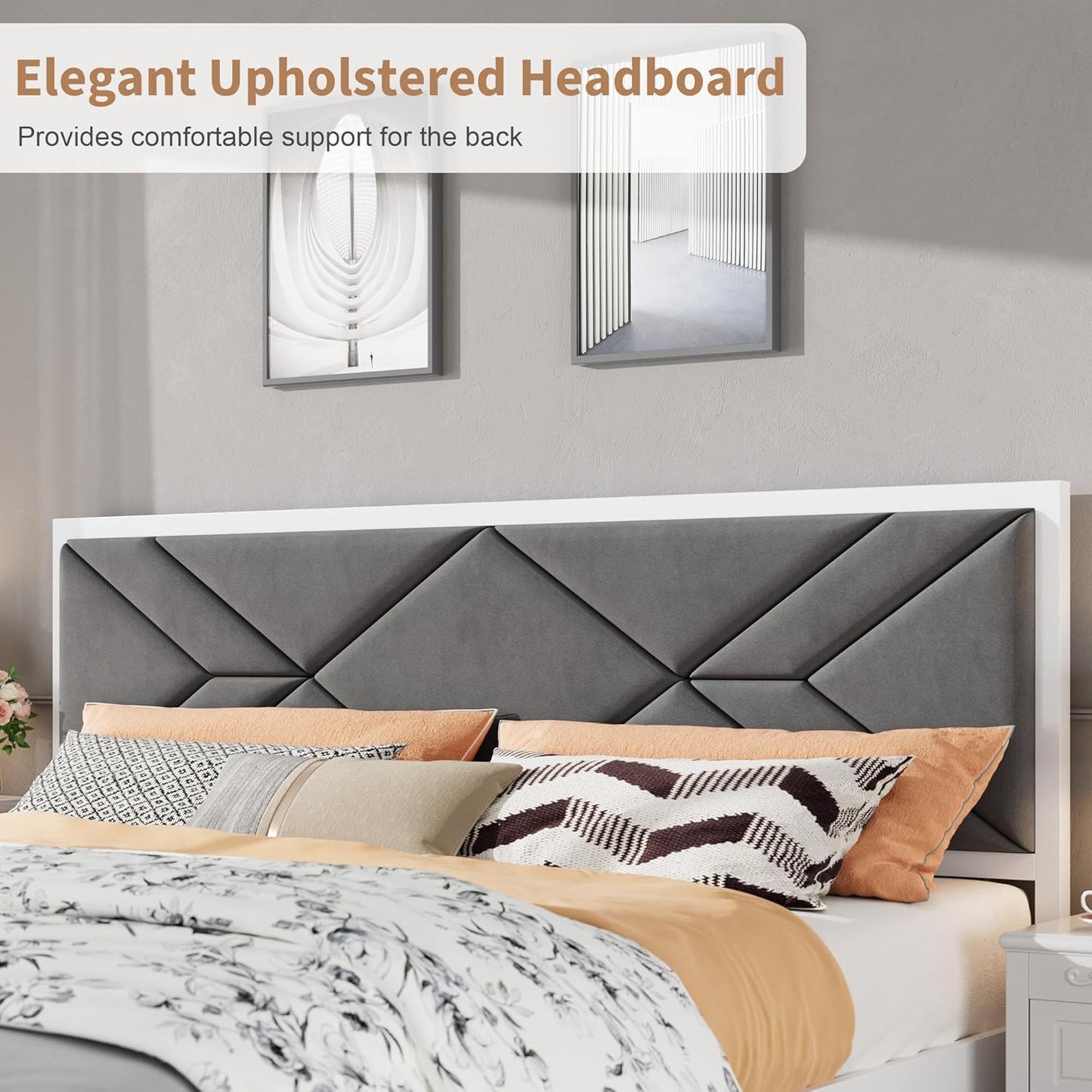 Garvee Full Size Upholstered Bed Frame, Tufted Design Soft Headboard, Wooden Slat Support, Mattress Foundation No Box Spring Needed, Stable & Quiet Full Bed Frame for Bedroom, Easy Assembly, White