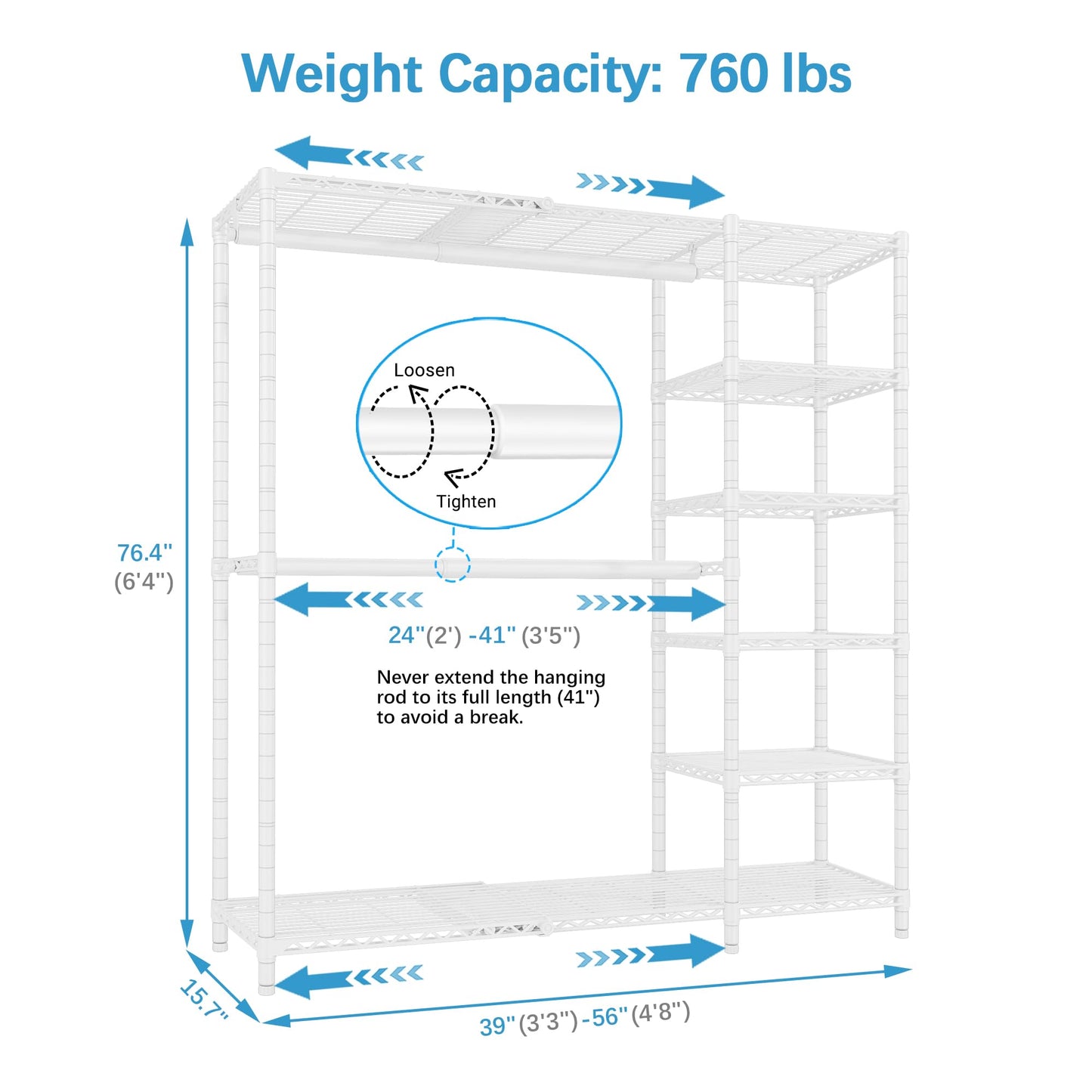 VIPEK X2 Expandable Reach-in Closet Racks Adjustable from 3'3" to 4'8" Portable Open Walk-in Closet Rack System with Flexible Shelves and Hanger Rods Clothing Rack for Hanging Clothes, White