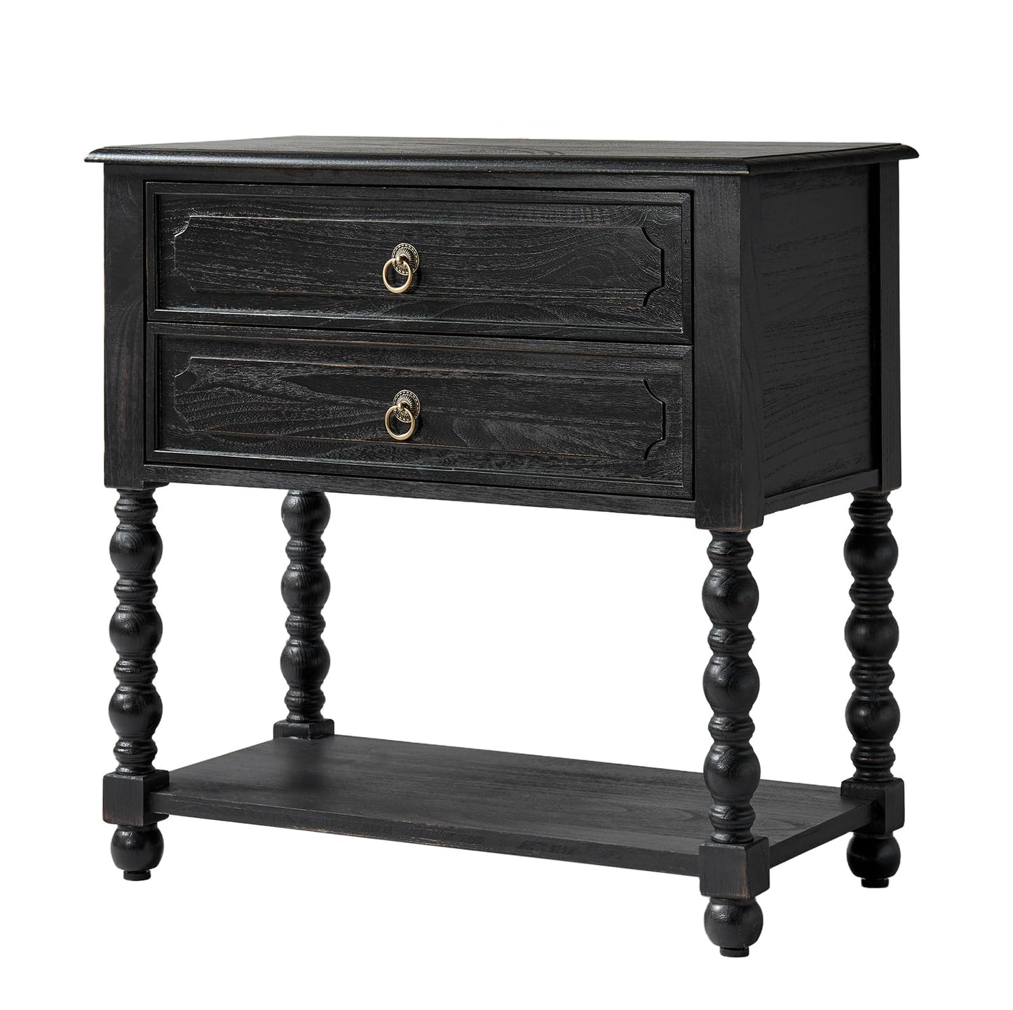 HULALA HOME Farmhouse Storage End Table with 2 Drawers and Open Shelf, Solid Wood Side Table with Spindle Legs, End Table with Charging Station (Charcoal)