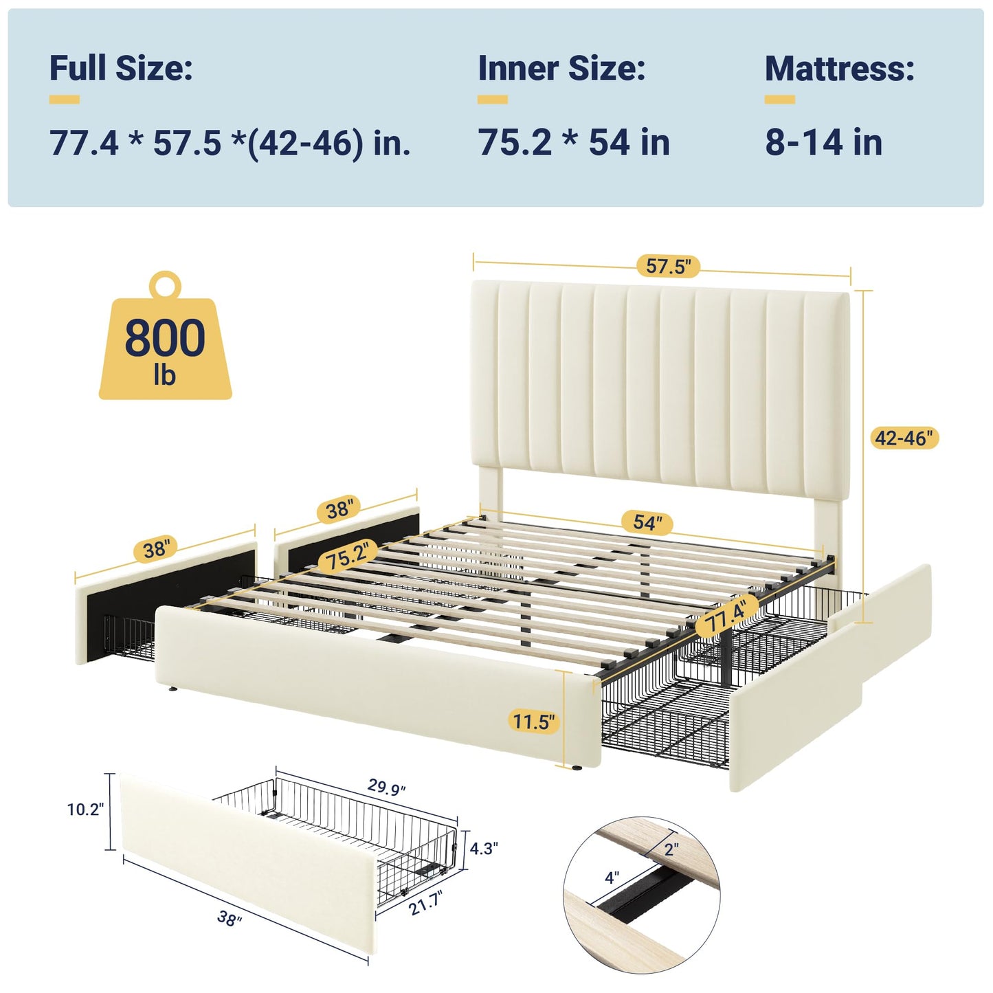Allewie Full Size Storage Bed Frame, Vertical Channel Tufted Adjustable Headboard, Velvet Upholstered Platform Bed with 4 Oversized Underbed Drawers, Wooden Slats Support, No Box Spring Needed, Cream