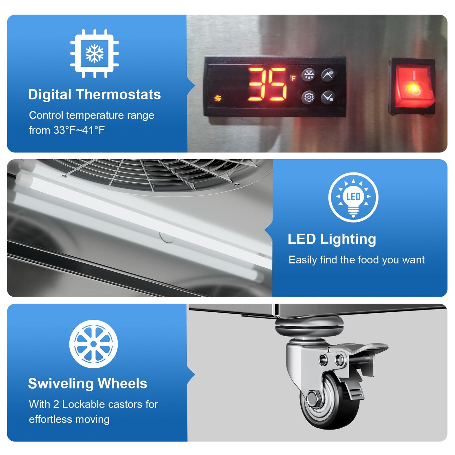 Ferueo Commercial Refrigerator 54" W 2 Door Stainless Steel Reach-in Solid Door Upright Fridge Fan Cooling 49 Cu.ft Refrigerators 32-47°F for Restaurant, Bar, Shop