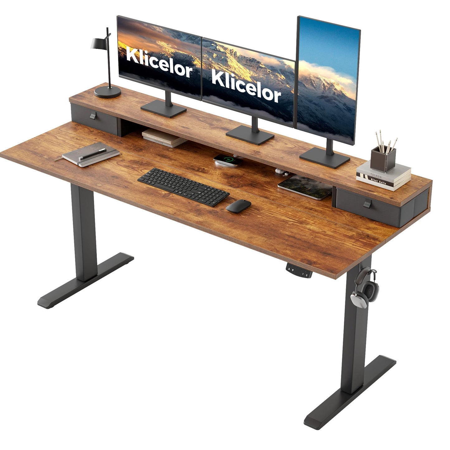 Klicelor 63 x24 Inch Electric Standing Desk with Drawers, Adjustable Height Small Sit Stand Desk for Home Office, Compact Computer Workstation with Storage– Rustic Brown