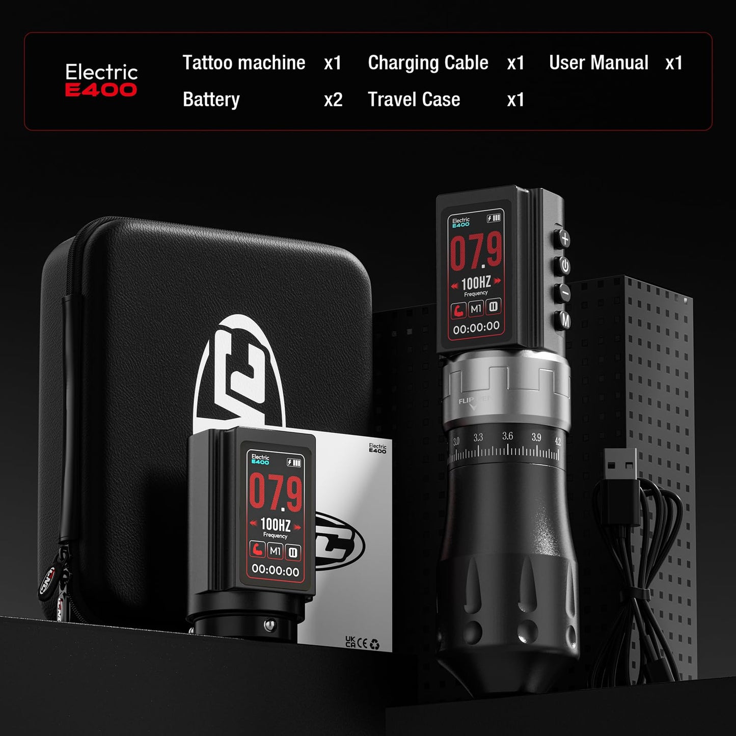 CNC Wireless Tattoo Machine with 3600mAh Dual Batteries Adjustable 7 Strokes 2.4-4.2mm Rotary Pen LED Display Brushless Motor Tattoo Gun for Tattoo Artists Supply Black CNC-M2-E400-1