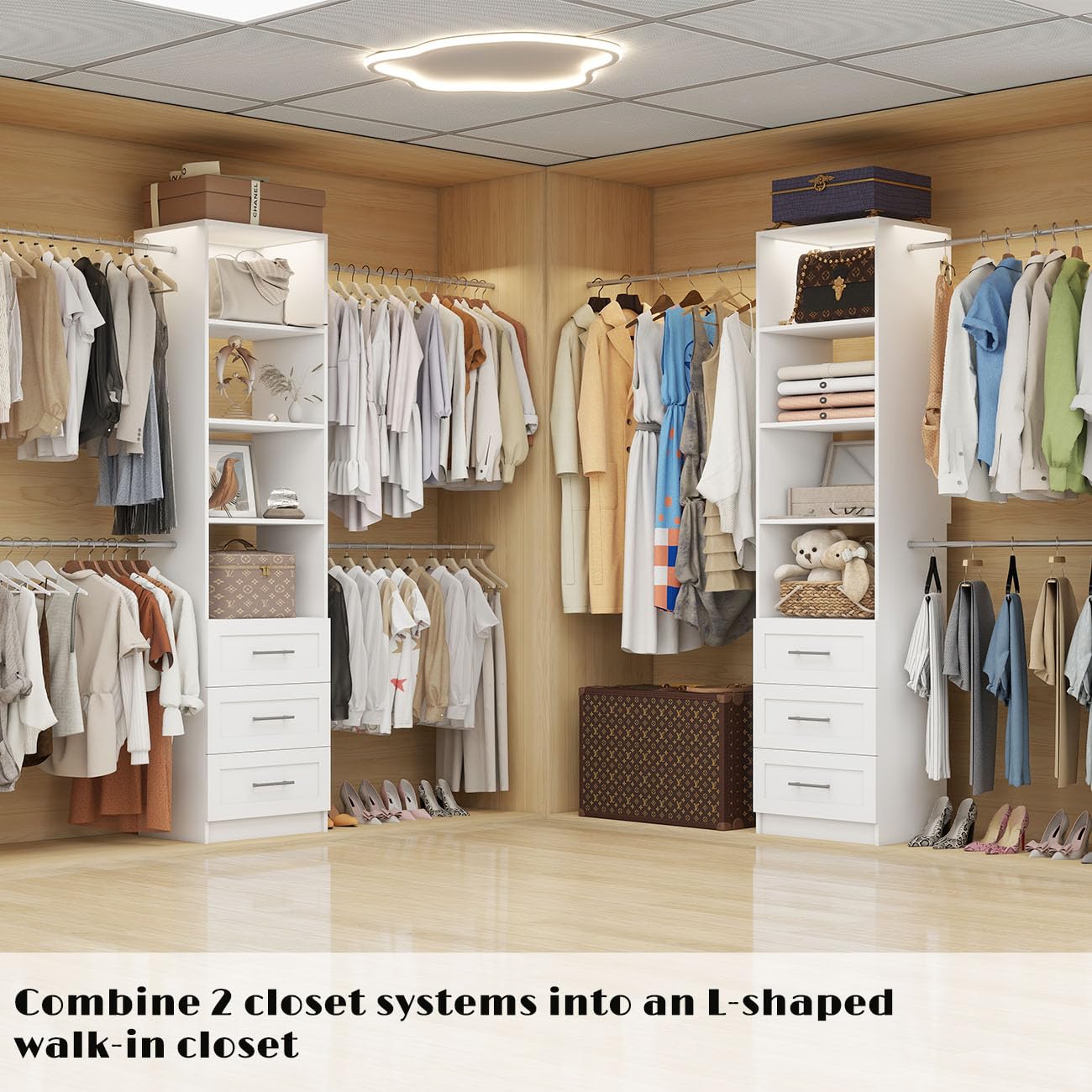 Closet System with Drawers, 5FT-9FT Custom Closet Organizer System 114.9" Walk in Wood Closet Storage System with 4 Expandable Hanging Rods Wall Mount White