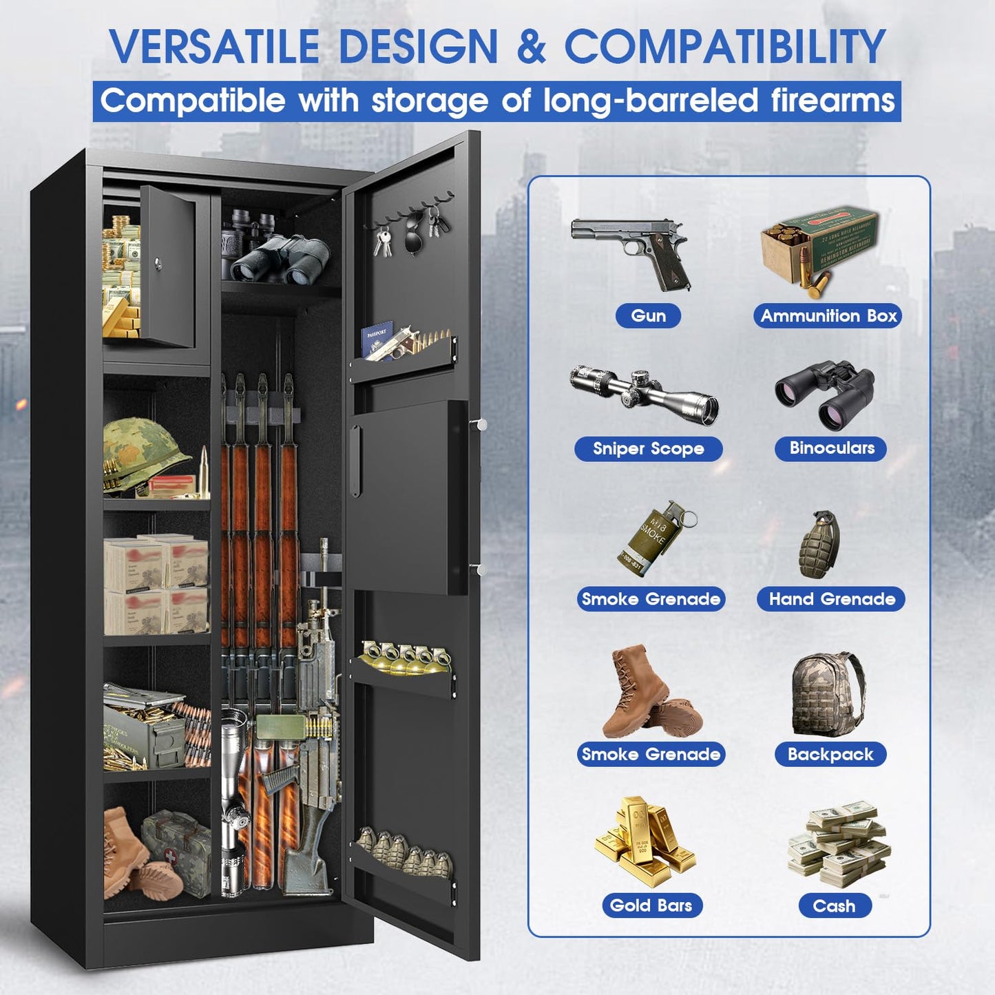 Biometric Gun Safe Rifle, Gun Safes for Rifles and Pistols, 10-15 Gun Cabinet with Pistol Storage and Adjustable Racks, Fingerprint Gun Cabinet for Home Accessories Storage with Removable Gun Racks