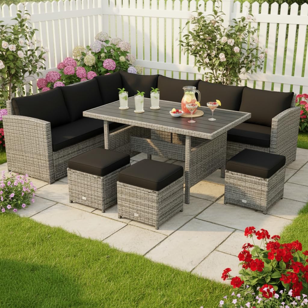 Tangkula 7 Pieces Patio Furniture Set, Outdoor Sectional Rattan Sofa Set with Cushions, All Weather Wicker Conversation Couch Set w/Dining Table & Ottomans for Backyard Garden Poolside, Black