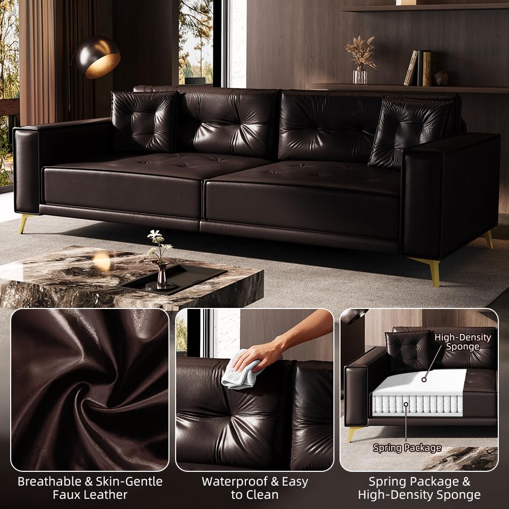 KEIKI 92.1" King Size Pull Out Sofa Bed, 3-in-1 Faux Leather Convertible Sleeper Clouch with 2 Pillows, 4-Seater Sofa Bed for Living Room, Apartment, Office, Dark Brown