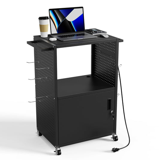 AV Presentation Media Cart Stand Up Desk with Storage Cabinet for Printer, Projector, Computers, TV, Rolling Storage Cart with Adjustable Shelves, Outlet and Cord for School Office Shop