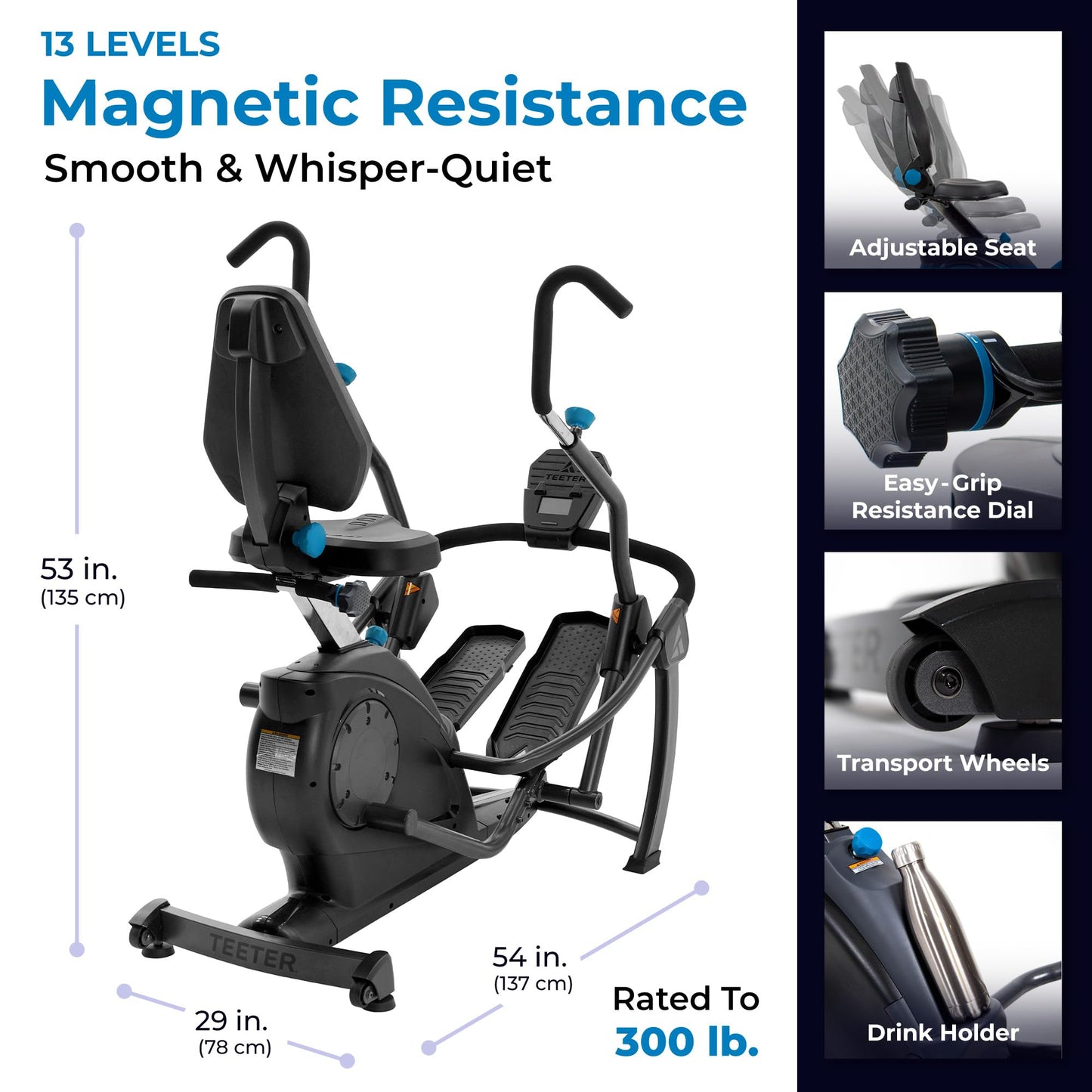 Teeter FreeStep Recumbent Cross Trainer Stepper, Zero-Impact Exercise Bike Alternative w/Patented Physical Therapy Stride, Up to 350lb, Free App w/Trainer Workouts
