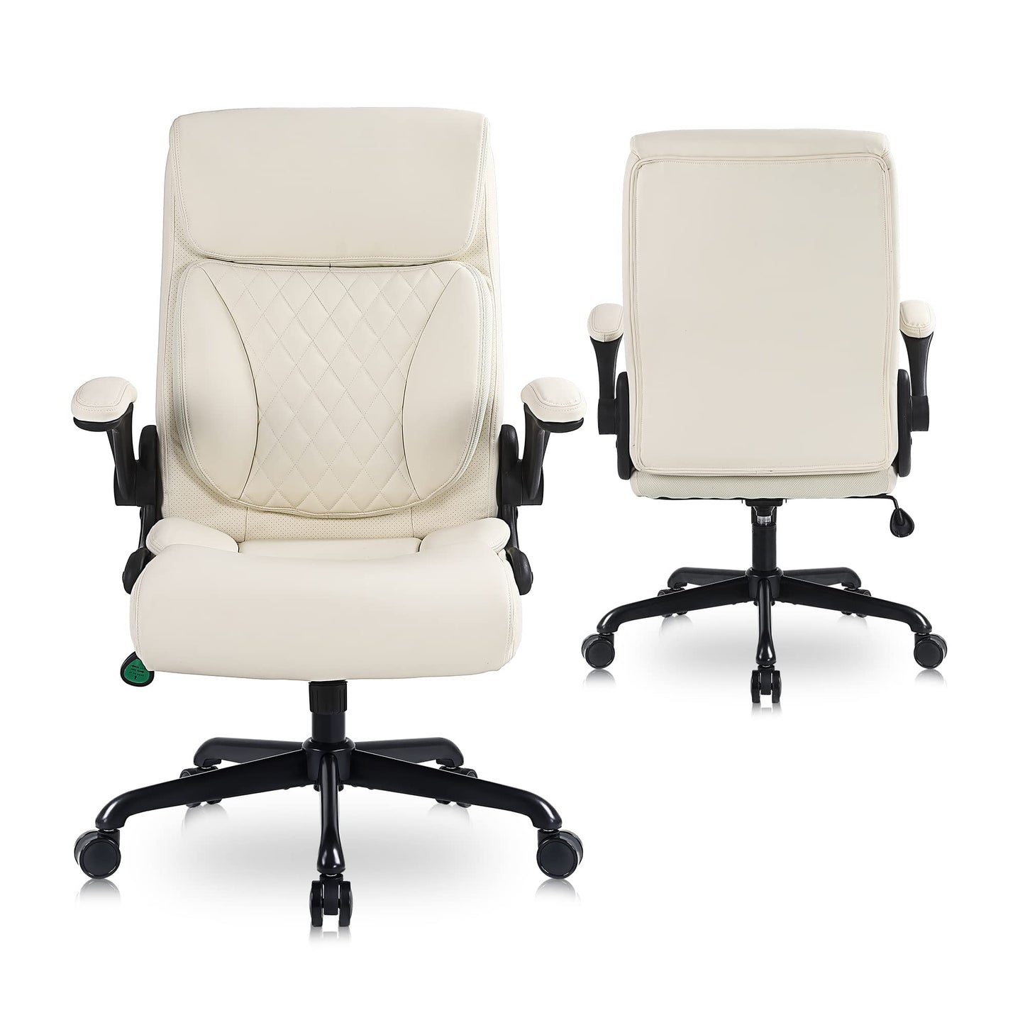 Youhauchair Executive Office Chair, Ergonomic PU Leather Computer Desk Chair with Lumbar Support, Flip-up Armrests and Adjustable Height, for Home Office, Beige