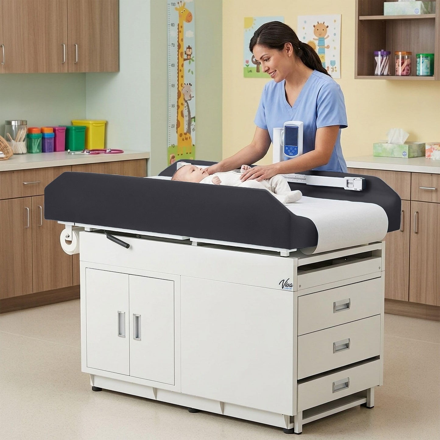 Vivacomfort Grande Pediatric Treatment Scale Table – Child Exam Table with Built-in Baby Scale & Height Rod, 500 lb Weight Capacity, Black