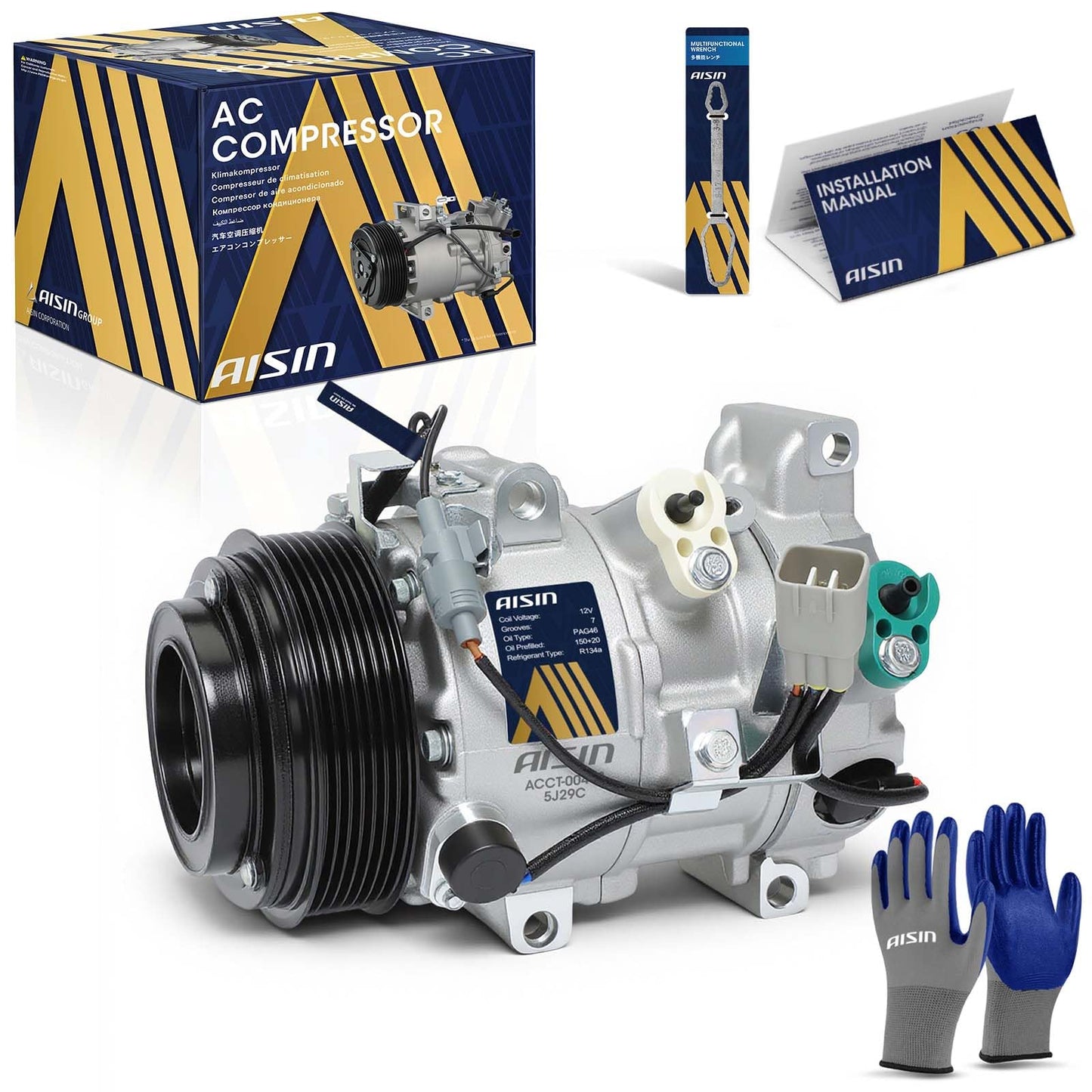 AISIN AFTERMARKET ACCT-00483 Air Conditioner AC Compressor - Compatible with Lexus IS350 2006-2013 3.5L, IS250 2006-2013 2.5L, GS300 2006 3.0L, GS350 2007-2011 3.5L - with 7-Pulley Groove, with Clutch