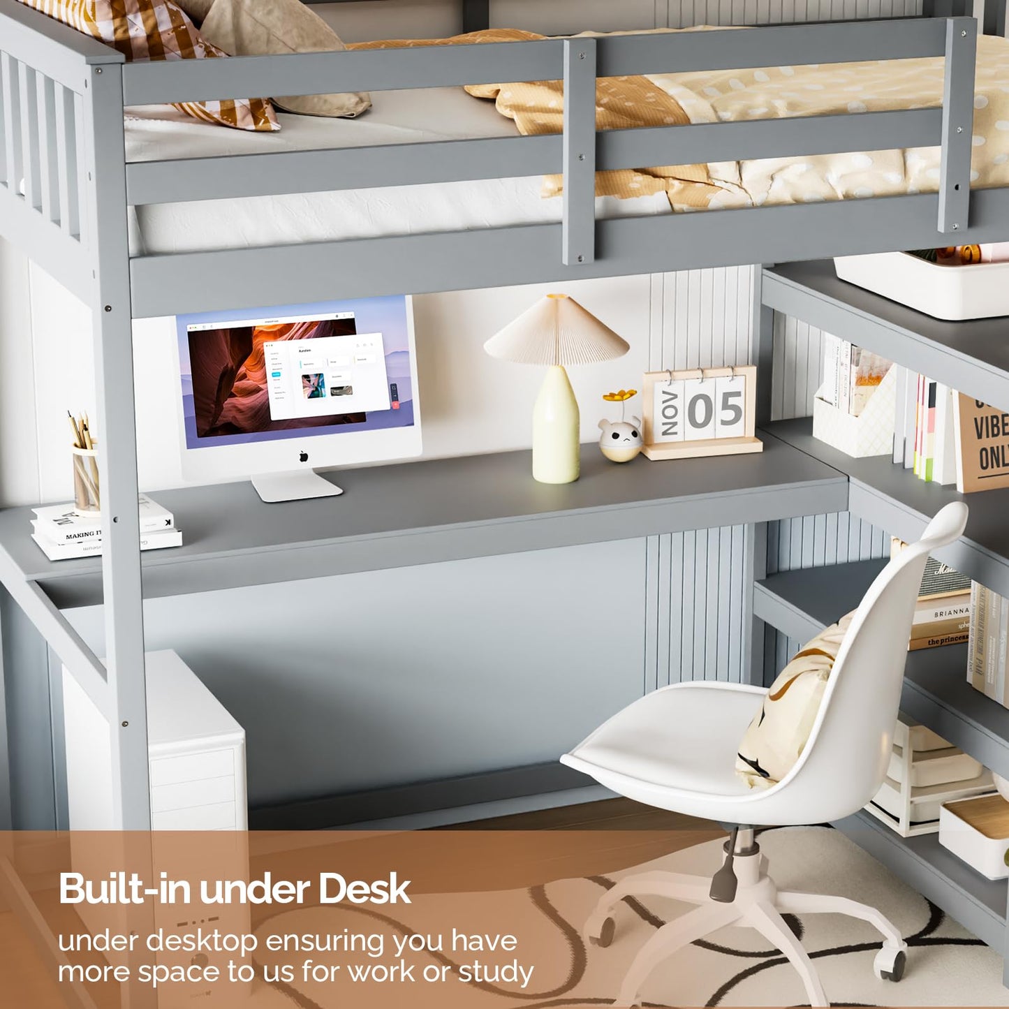 JOYMOR Bunk Bed with Desk and 4-Layer Shelves, Loft Bed Twin Size with Under Desk and Bookcase Storage, Twin Bed Frame for Kids, Adults& Young Teens