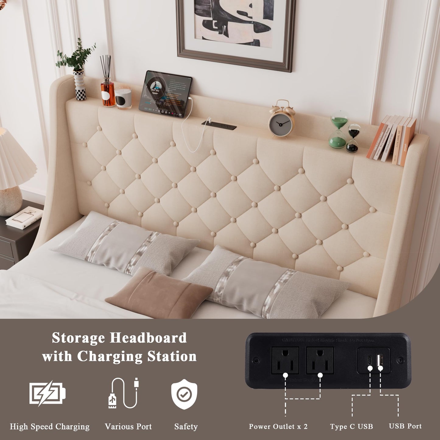 Feonase Upholstered Full Size Bed Frame with 4 Storage Drawers, Charging Station and Tufted Wingback Storage Headboard, No Box Spring Needed, Easy Assembly, Beige