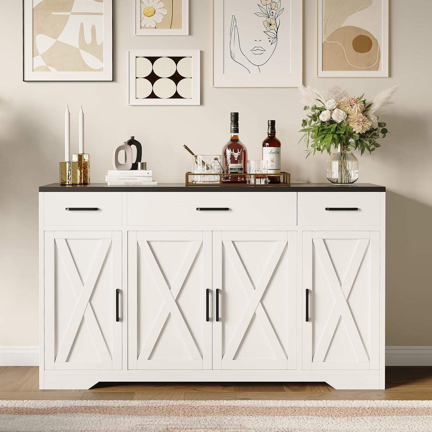 Garvee 55 in Large Buffet Sideboard Cabinet with Storage 4 Doors and 3 Drawers Kitchen Storage Cabinet Coffee Bar Buffet Table for Dining Room, Living Room, Adjustable Shelf