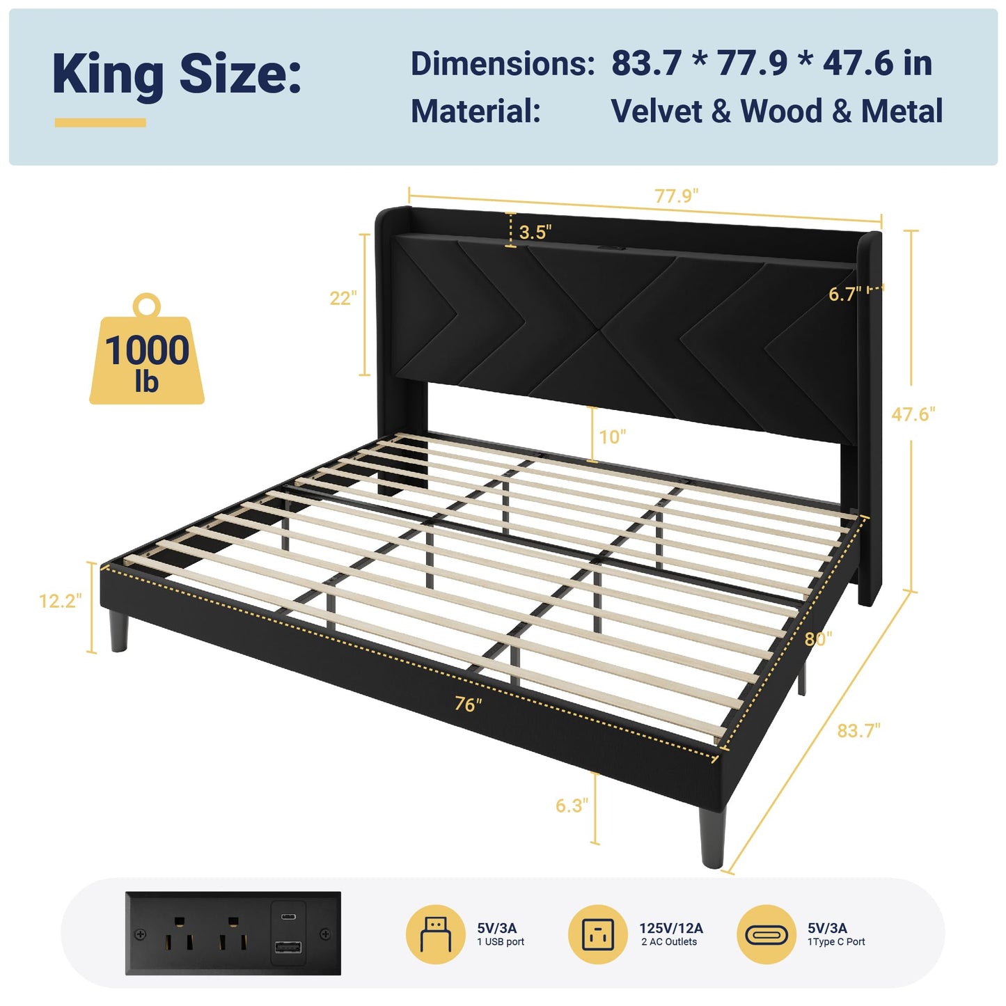Allewie King Size Platform Bed Frame with Charging Station and Storage Shelf/Upholstered Velvet Wingback Headboard/Wooden Slats Support/No Box Spring Needed/Easy Assembly, Black