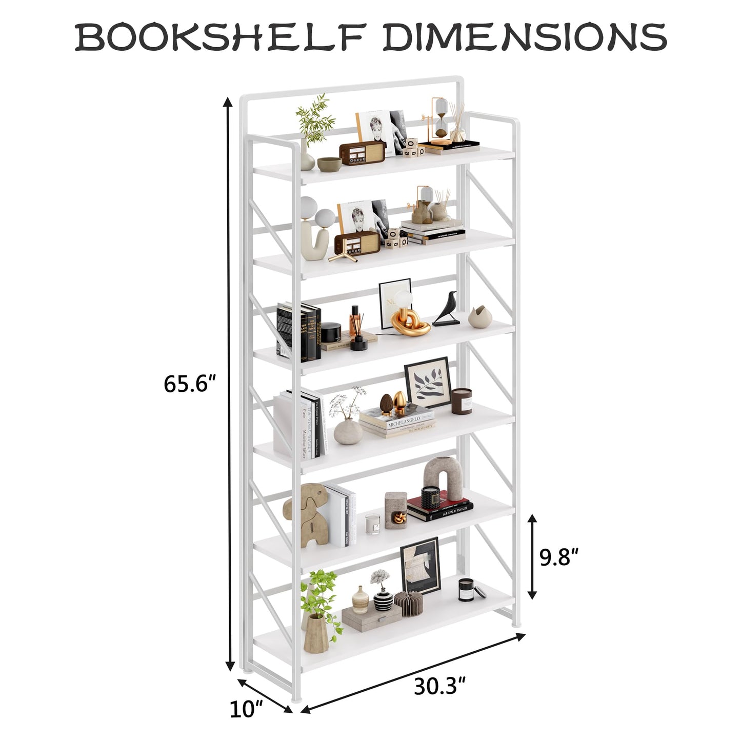 JSB 6 Tier No Assembly Folding Bookshelf, 30.3" Wide Foldable Storage Bookcase for Home Office, Space-Saving Storage Shelf for Living Room (All White)