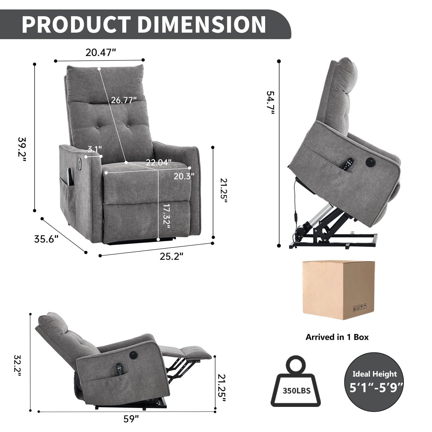 KEIKI Single Motor Power Lift Recliner Chair with Massage and Heat for Home Theater, Soft Fabric Finish with USB Charging Port and Motion Mechanism for Elderly