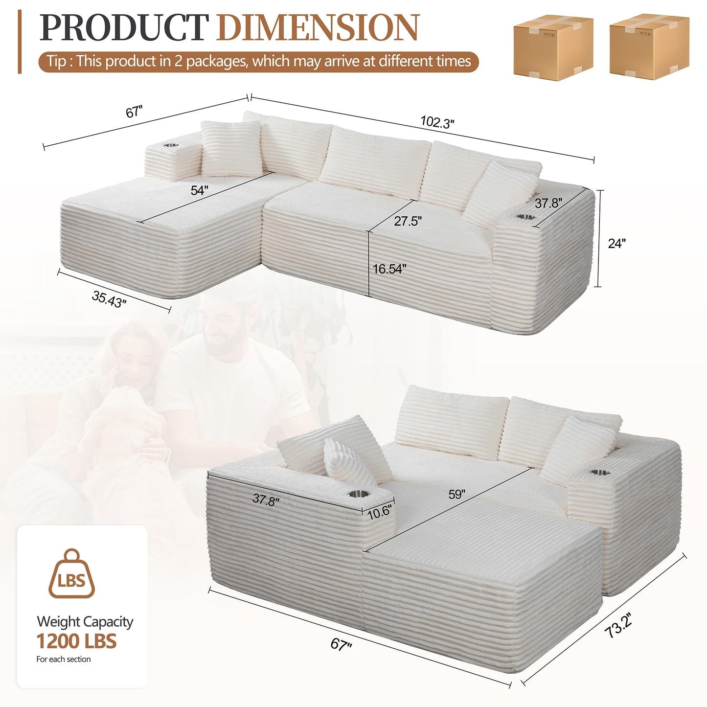 Vongrasig 103" Boneless Sectional Couches for Living Room, L-Shaped Chaise Modular Cloud Couch with Cup Holders on Armrests, Plush Corduroy Comfy Sofa with Memory Foam, No Assembly Required (Beige)
