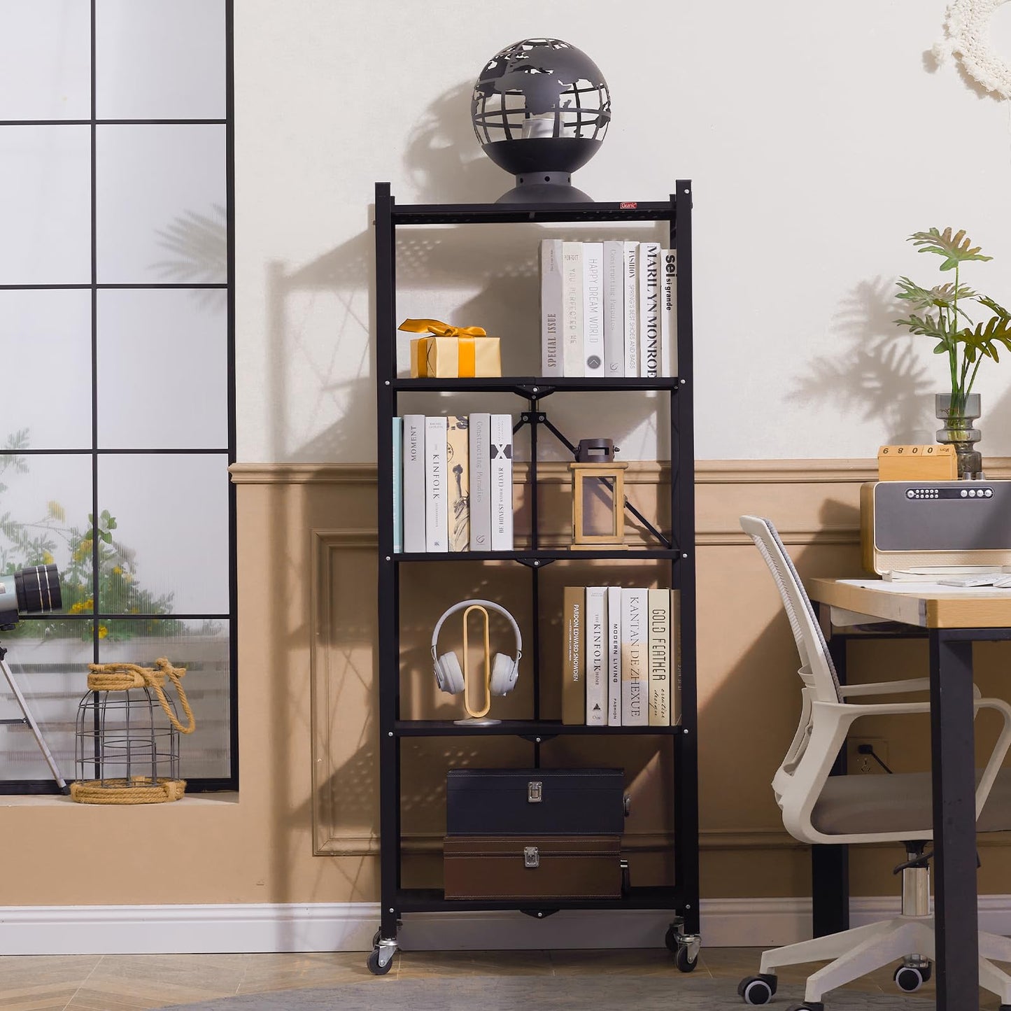 DEANIC 5-Shelf Folding Bookcase with Wheels, Heavy Duty Storage Shelves, Freestanding Metal Wire Shelving Unit for Living Room, Office, Kitchen, Basement, Pantry(Black 2 Pack)