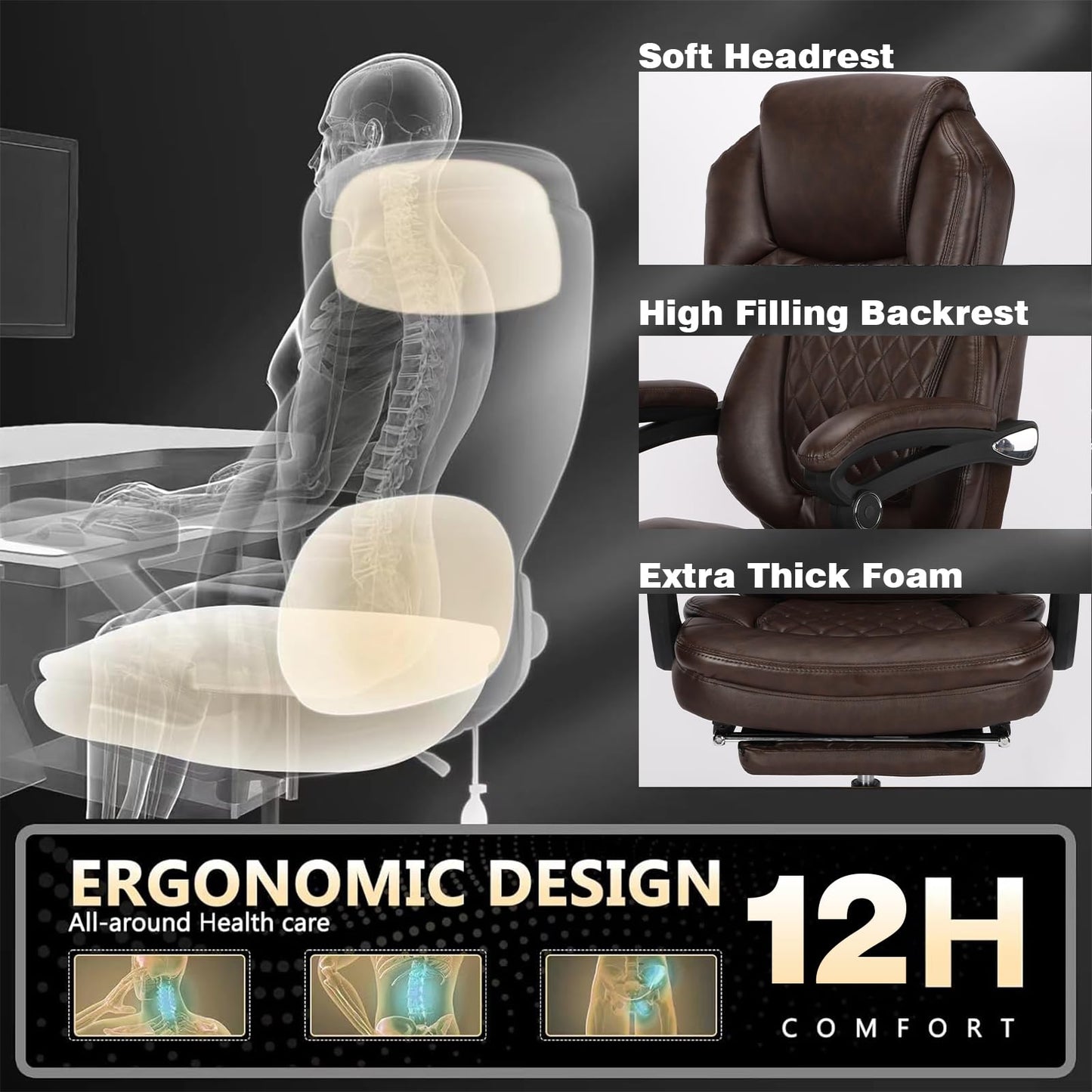 linting 400lbs Ergonomic Reclining Office Chair with Footrest, Plus Size Big Tall Leather Recliner Office Desk Chairs with Foot Leg Rest, Brown