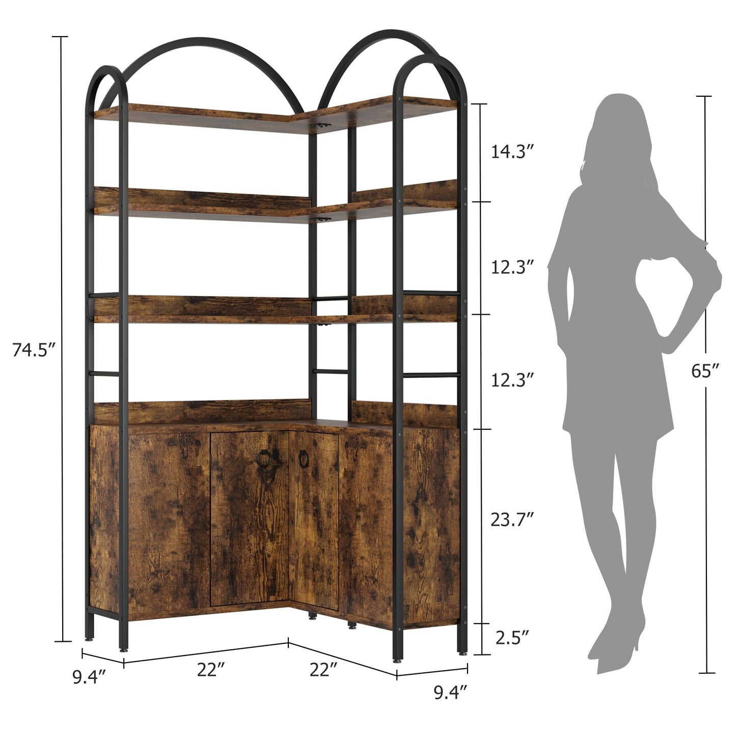 Garvee Corner Bookshelf with Storage, 74.5" Corner Bookcase with Cabinet, Large l Shaped Bookshelf Arched 6 Tier Corner Bookcase with Metal Frame for Living Room Bedroom