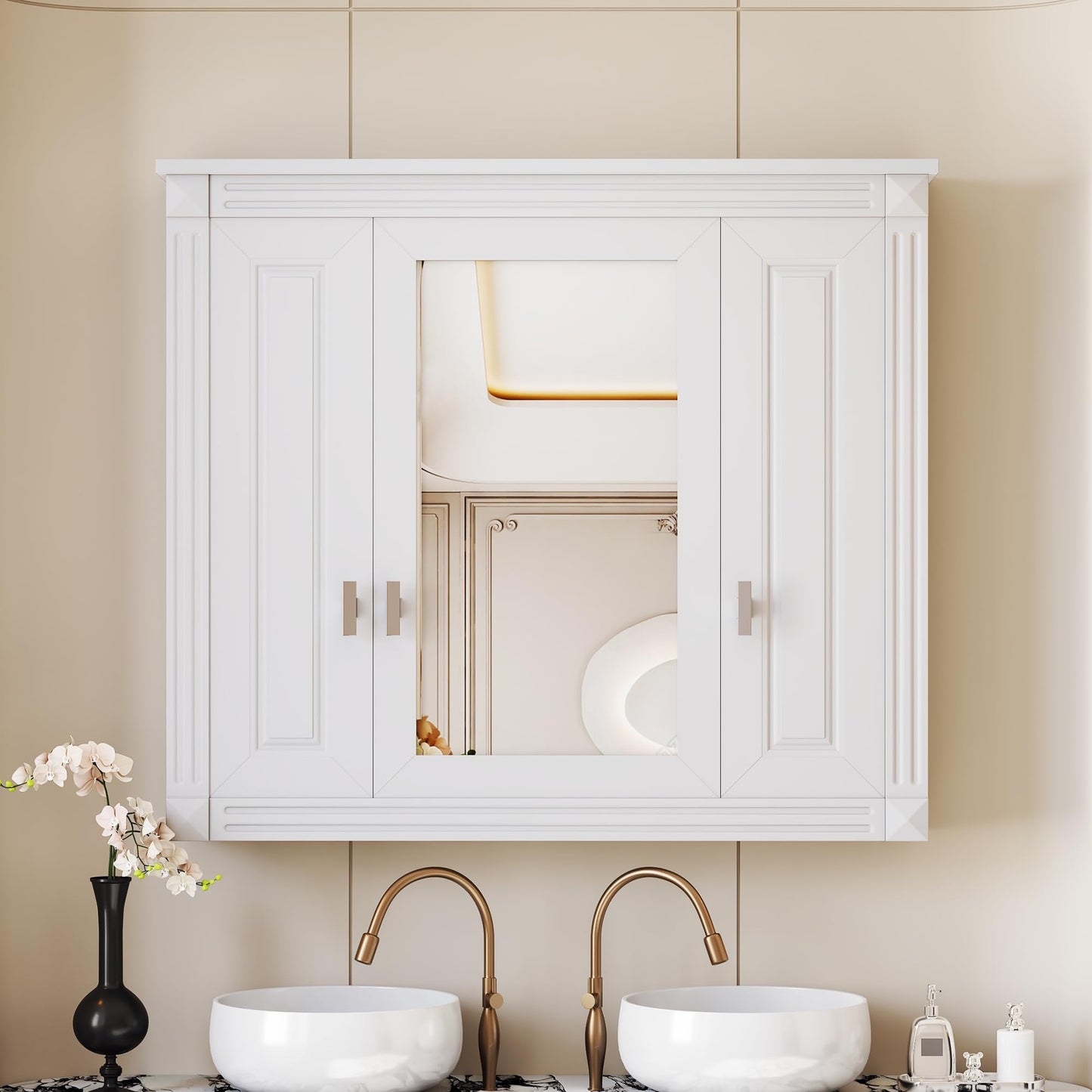 Merax Wall Mounted Bathroom Medicine Cabinet with Mirror, Bathroom Wall Cabinet with Doors and Shelves, 35" x 29" Mirrored Door Over Toilet Storage Cabinet, White