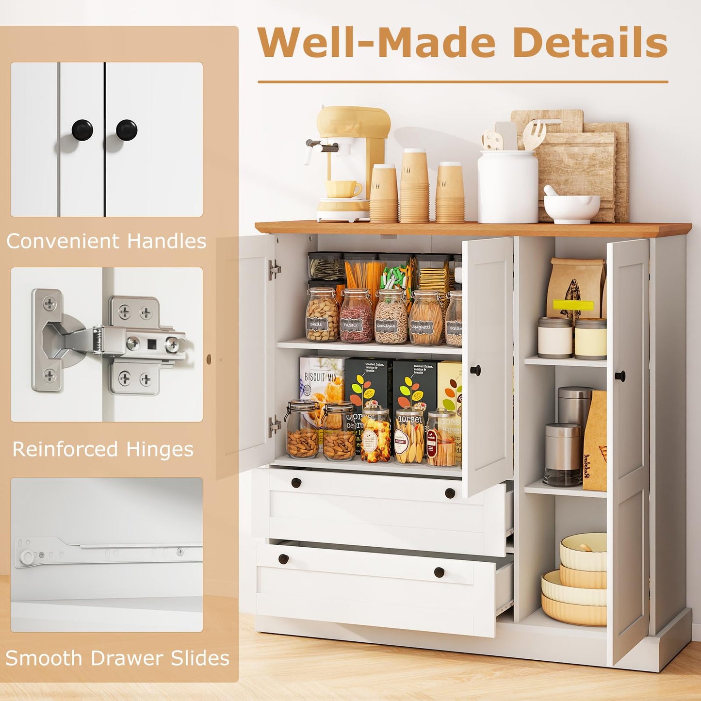 LOKO 47.5” Tall Buffet Cabinet with Storage, Modern Storage Cabinet with 3 Doors & 2 Large Drawers, Farmhouse Kitchen Pantry with Removable Shelf for Dining Room, Living Room, Home Bar