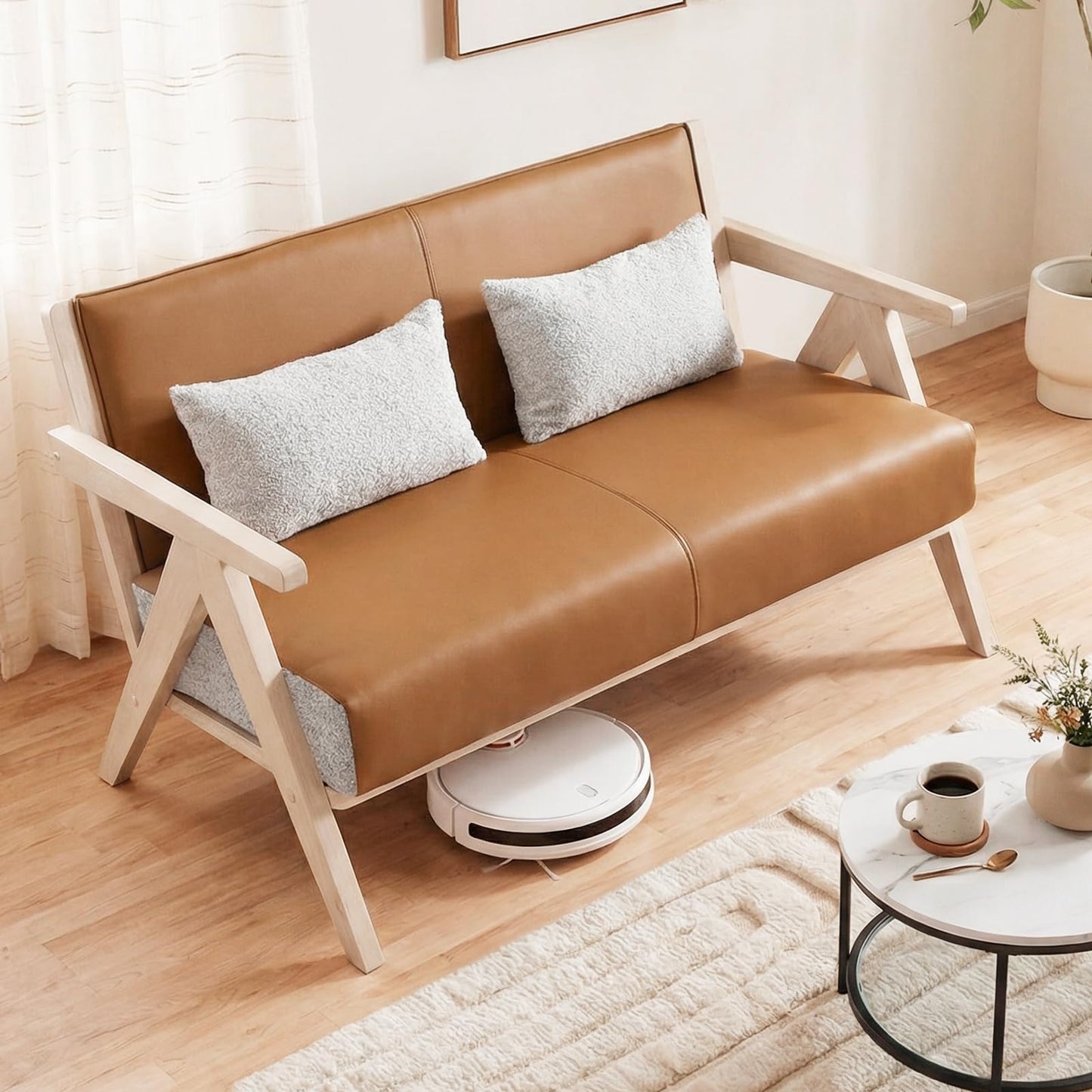 Giantex Loveseat Sofa for Small Spaces, Artificial Leather Armchair with Throw Pillows, Rubber Wood Frame, Padded Seat and Backrest, 2-Seater Couch for Living Room, Bedroom, Office, Lounge (Brown)