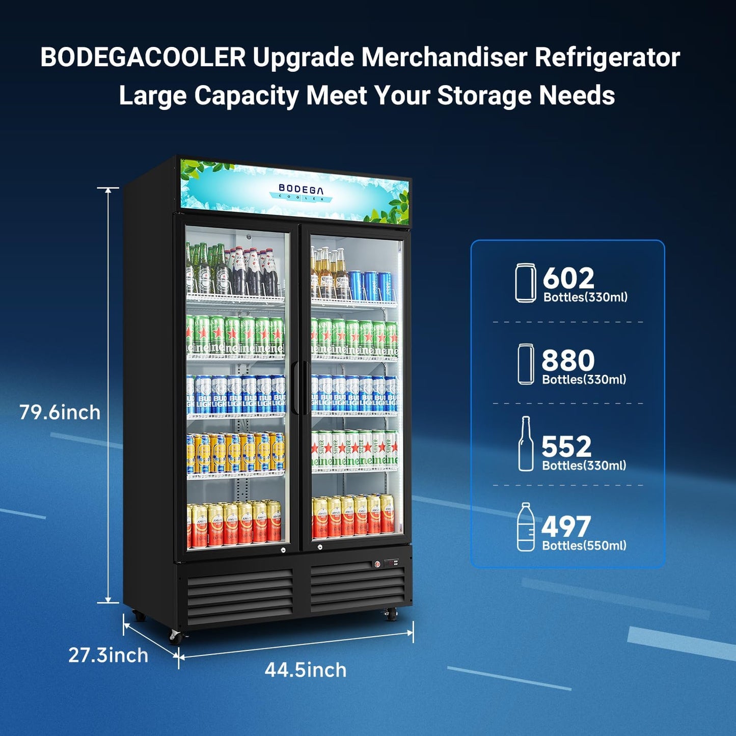 BODEGACOOLER 44.5"W 35.4 Cu. Ft Commercial Beverage Refrigerator, 2 Glass Door Merchandiser Cooler Display Refrigerator with LED Lighting, Adjustable Shelves, Temperature Control and Casters, Black