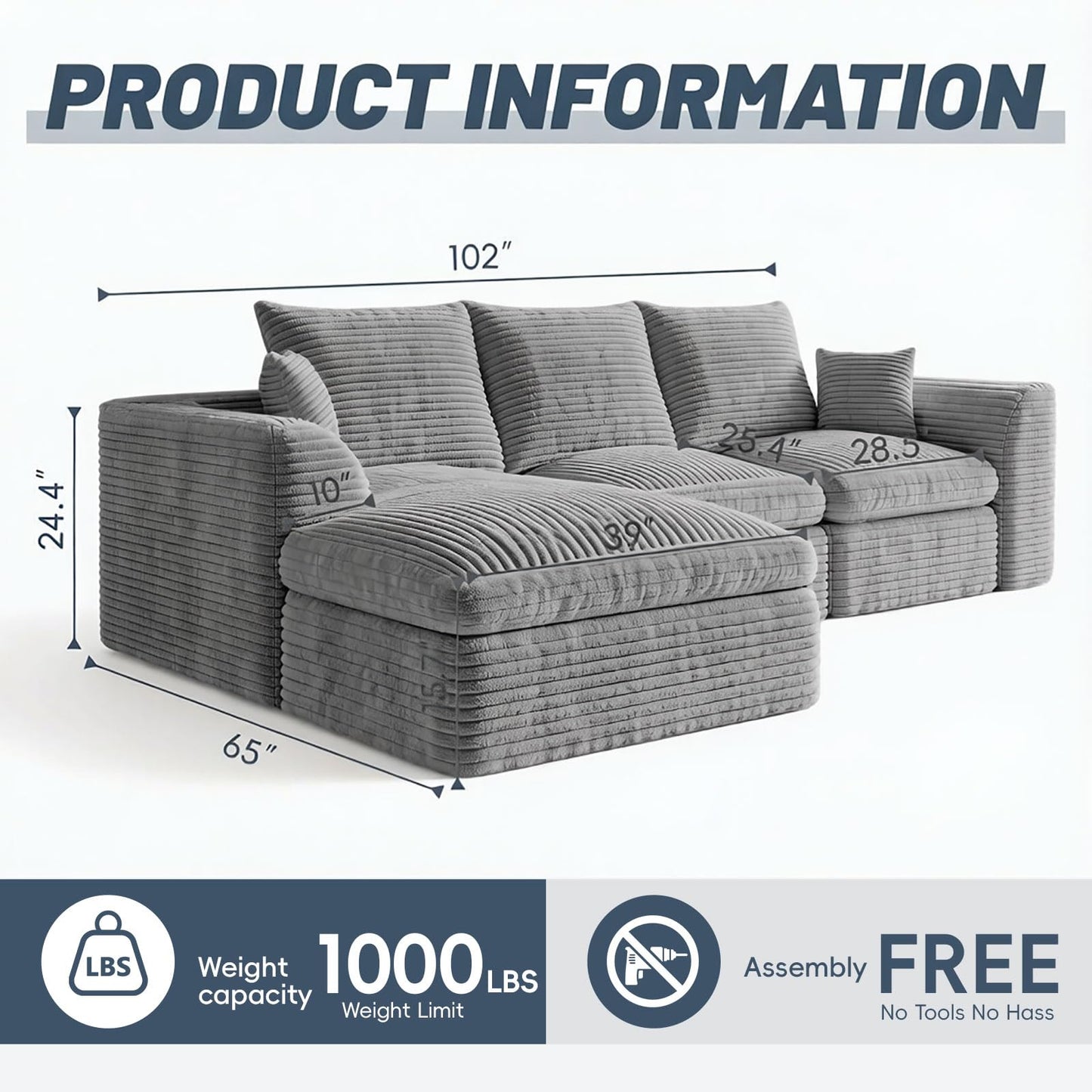 102-Inch L-Shaped Modular Boneless Cloud Sectional Sofa 4 Seat Floor Foam Sofa Couches Deep Seat with Ottoman,Comfy Corduroy Upholstered 4 PCS Compressed Cloud Couch