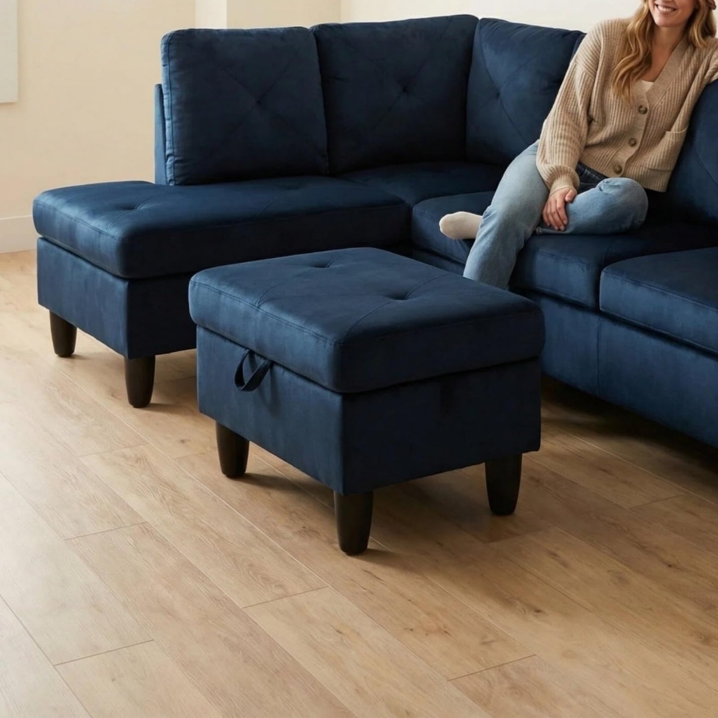 Trygoal Microfiber Sectional Couch, 97 inch L-Shape Sofa with Storage Ottoman, Modern 3-Piece Sofa Set, Contemporary Upholstered Couch Set with Solid Wood Frame for Apartment, Midnight Blue