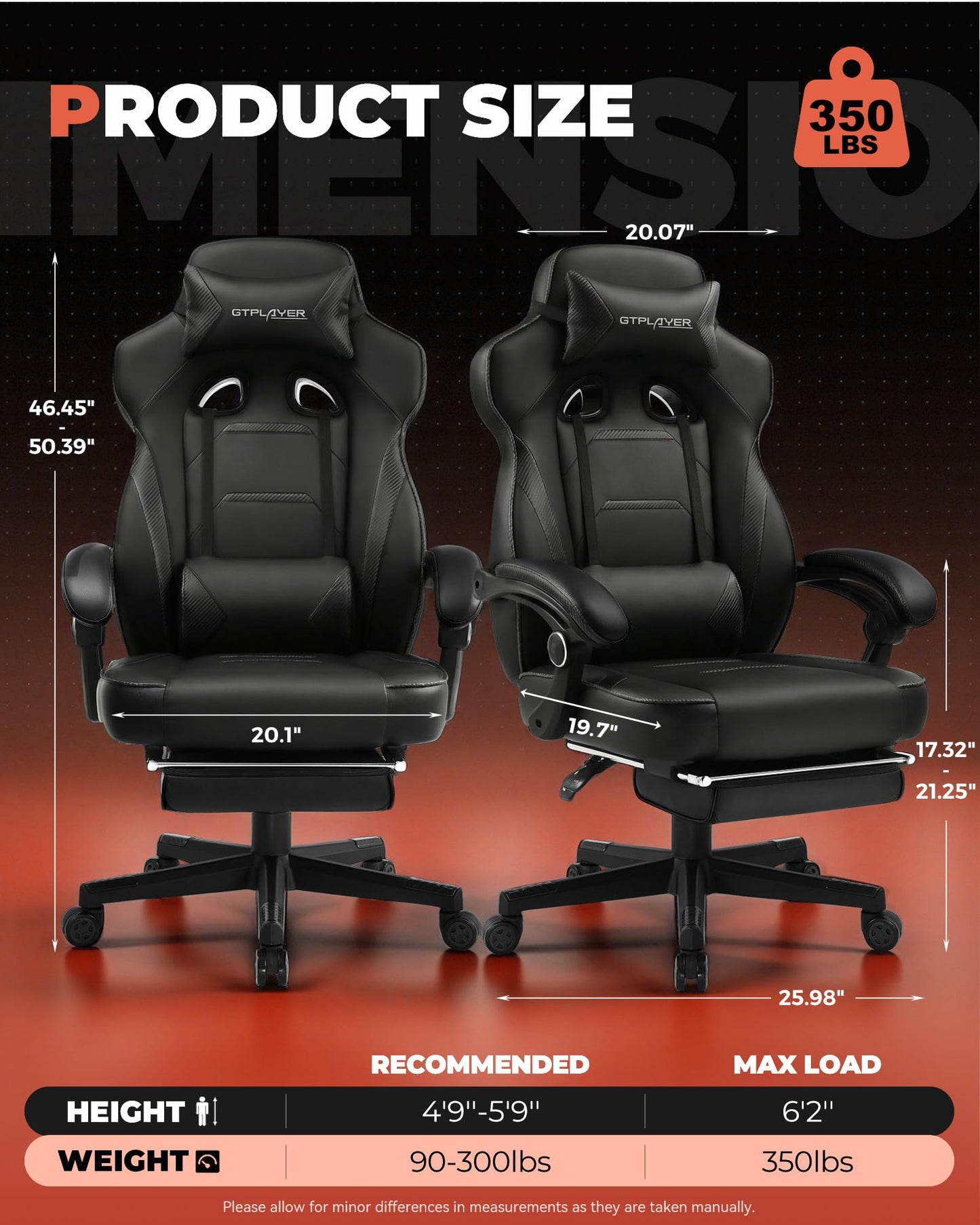 GTPLAYER Gaming Chair with Footrest, Big and Tall Game Chair 350lb Racing Style Computer Chair, Ergonomic Executive Office Chair High Back with Lumbar Support and Recliner, Black